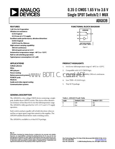 Analog Devices ADG839 Datasheet - cover page