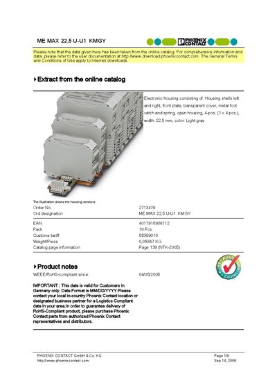 Phoenix Contact ME MAX 22.5 U-U1 KMGY Product Leaflet - cover page