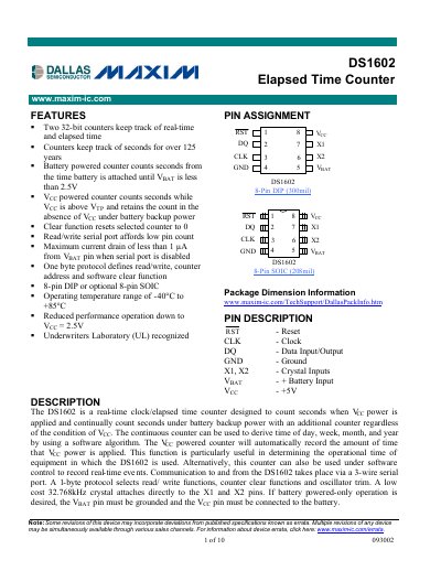 Maxim DS1602 Elapsed Time Counter Datasheet - cover page
