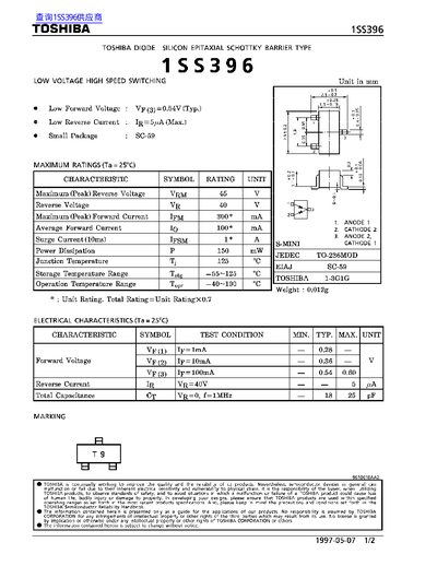 Toshiba 1SS396 Schottky Diode Datasheet - cover page