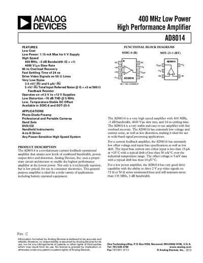Analog Devices AD8014 Datasheet - cover page