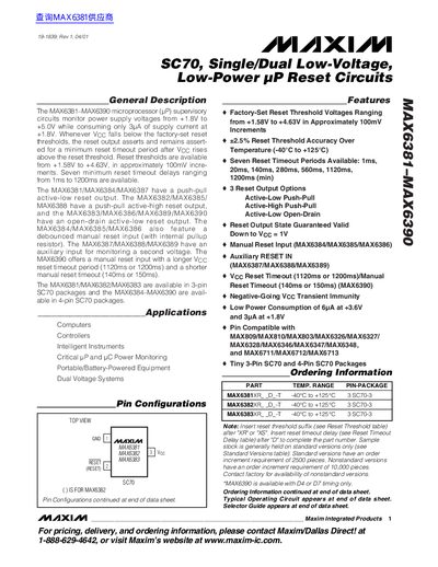 Maxim MAX6381-MAX6390 Microprocessor Reset Circuits Datasheet