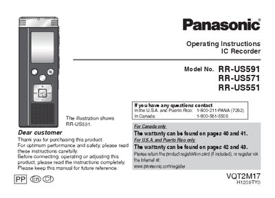 panasonic RR-US591 RR-US571 RR-US551 IC Recorder Operating Instructions - cover page