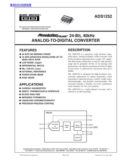 Burr-Brown ADS1252U 24-Bit Analog-to-Digital Converter Datasheet - cover page