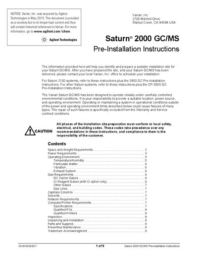 Agilent Saturn 2000 GC/MS Pre-Installation Instructions - cover page
