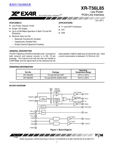 EXAR XR-T56L85 PCM Line Interface Datasheet - cover page