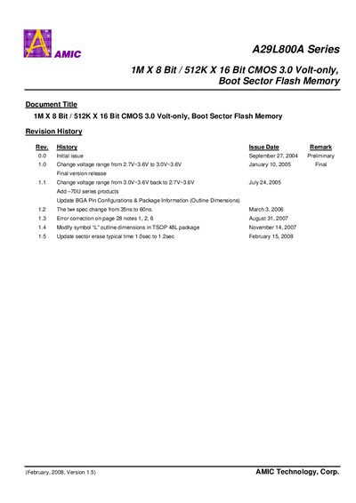 AMIC A29L800A Series Flash Memory Datasheet - cover page