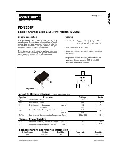 Fairchild FDN358P Single P-Channel MOSFET Datasheet