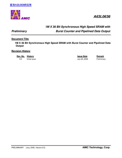 AMIC A63L0613 DATA SHEET - cover page