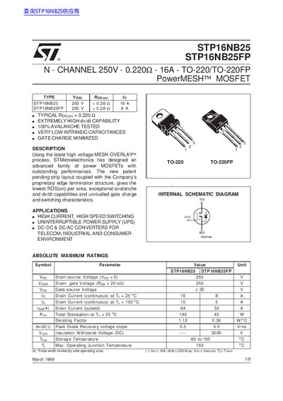 ST STP16NB25 STP16NB25FP N - CHANNEL 250V - 0.220 - 16A - TO-220/TO-220FP PowerMESH MOSFET Manual - cover page