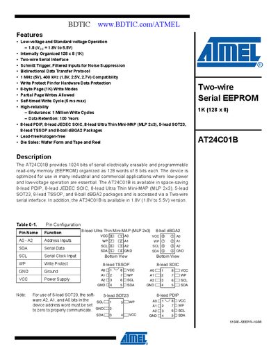 Atmel AT24C01B EEPROM Datasheet - cover page