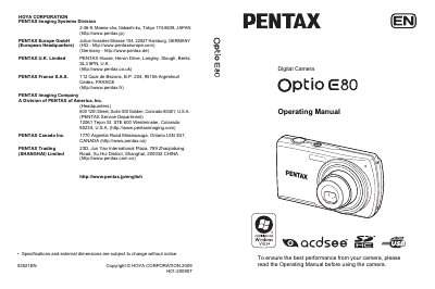 pentax digital camera optio E80 operating manual - cover page