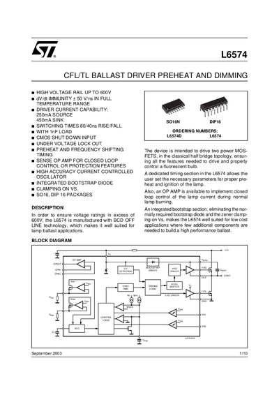STMicroelectronics L6574 Ballast Driver Handbook - cover page