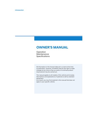Hyundai Vehicle Owner's Manual Operation Maintenance Specifications Introduction - cover page