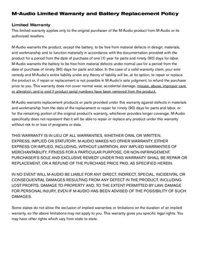 M-Audio MicroTrack Limited Warranty and Battery Replacement Policy - cover page