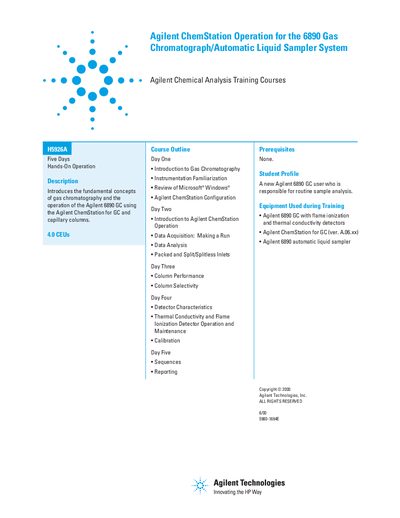 Agilent 6890/ALS GC ChemStation Operation (H5926A) handbook - cover page