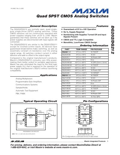 Maxim DG202/DG212 Quad SPST CMOS Analog Switch Datasheet - cover page