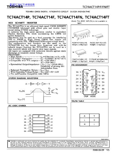 TOSHIBA TC74HCT14P Data Sheet - cover page