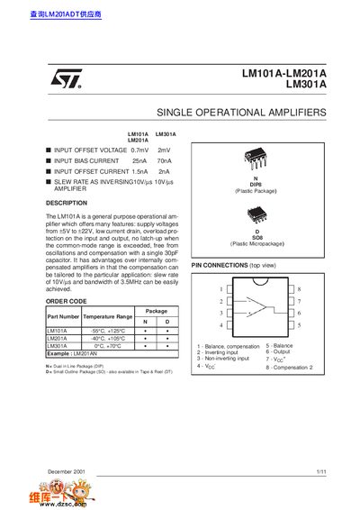 STMicroelectronics LM101A/LM201A/LM301A Single Operational Amplifiers Datasheet - cover page