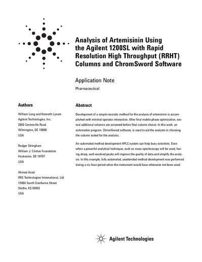 Agilent 1200SL with RRHT Columns and ChromSword Application Note - cover page
