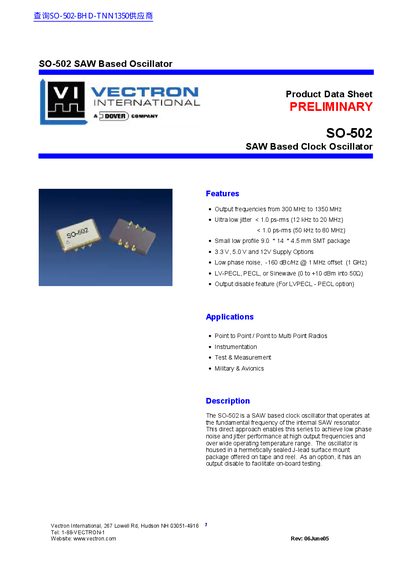 VECTRON SO-502 SAW Based Clock Oscillator - cover page