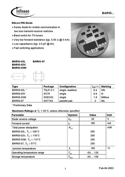 Infineon BAR65 Series Silicon PIN Diode Datasheet - cover page