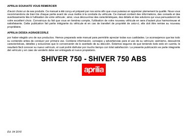 aprilia 894156 Shiver 750 - Shiver 750 ABS FR-ES 2010 Manual - cover page