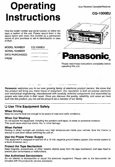 Panasonic CQ-1000EU Auto Cassette/Receiver Instructions - cover page