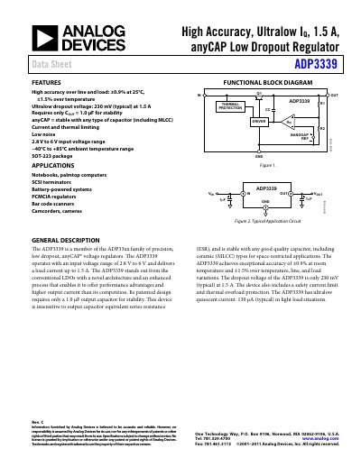 Analog Devices ADP3339 Low Dropout Regulator Datasheet