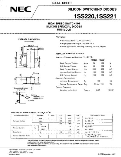 NEC 1SS220 1SS221 Silicon Switching Diodes Datasheet - cover page