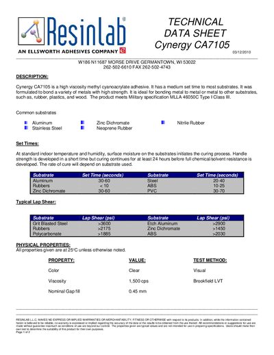 Cynergy CA7105 Technical Data Sheet - cover page