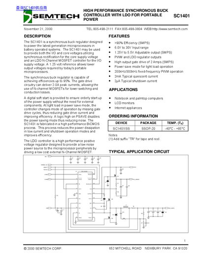 Semtech SC1401 Synchronous Buck Controller Datasheet - cover page