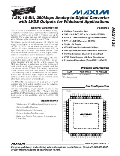 Maxim Integrated MAX1124 10‑Bit 250Msps Analog‑to‑Digital Converter Datasheet - cover page
