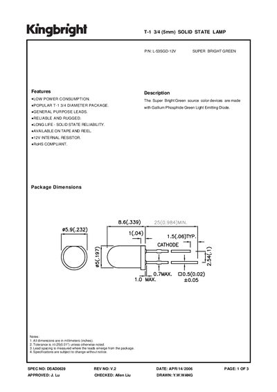 KINGBRIGHT - SPEC NO: DSAD0639 REV NO: V.2 T-1 3/4 (5mm) SOLID STATE LAM handbook - cover page