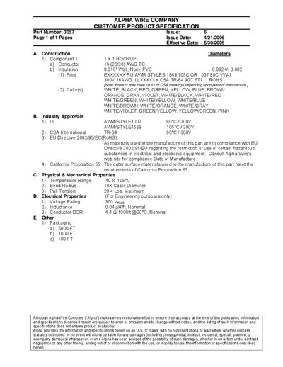 Alpha Wire 3057 Product Specification Datasheet - cover page