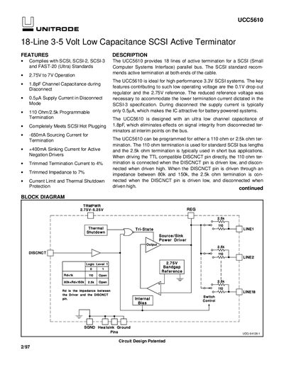Unitrode UCC5610 18-Line Low Capacitance SCSI Active Terminator Datasheet - cover page
