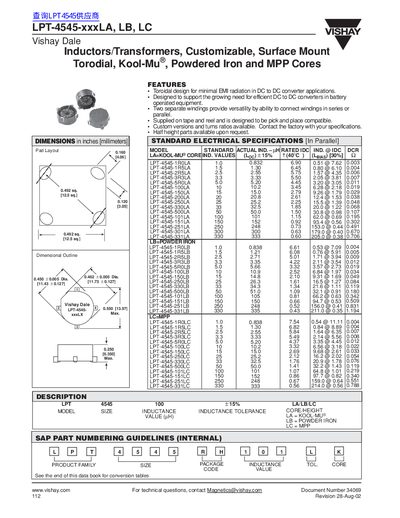 VISHAY LPT-4545-xxxLA LB LC Inductors/Transformers Customizable Surface Mount Torodial Kool-Mu Powdered Iron MPP Cores - cover page