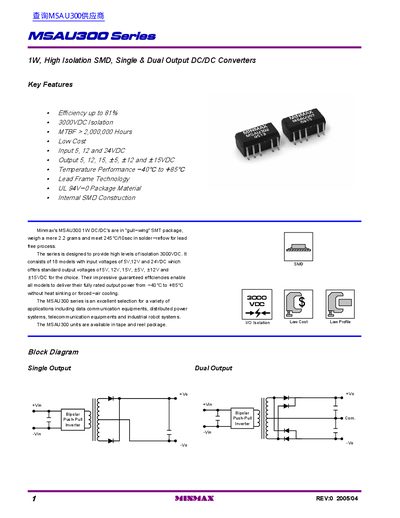 Minmax MSAU300 Series 1W High Isolation DC/DC Converters Datasheet - cover page