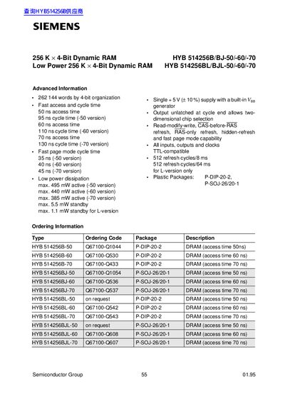 SIEMENS HYB 514256B/BJ-50/-60/-70 256 K &times; 4-Bit Dynamic RAM HYB 514256BL/BJL-50/-60/-70 Low Power 256 K &times; 4-Bit Dynamic RAM - cover page