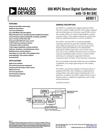 Analog Devices AD9911 Direct Digital Synthesizer Datasheet - cover page