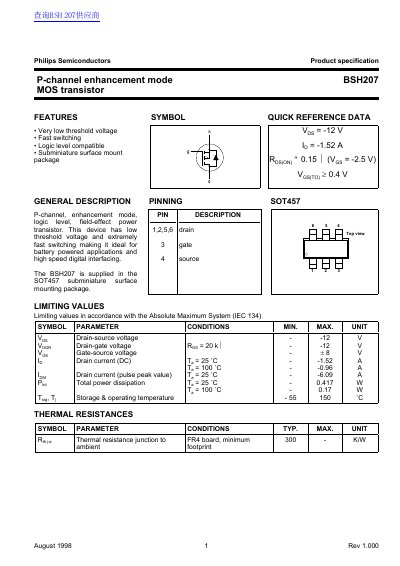 Philips BSH207 P-channel MOS Transistor Product Specification - cover page