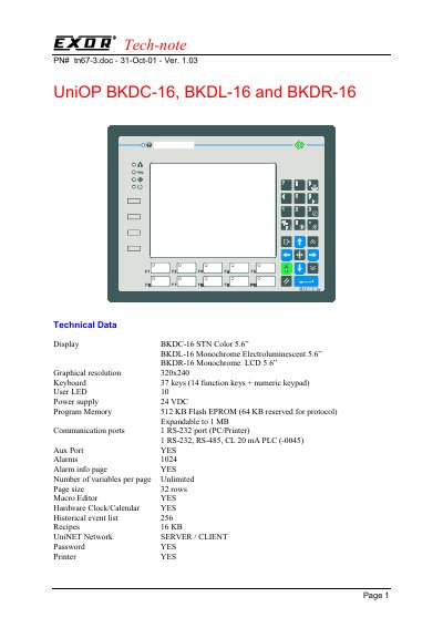 Exor BKDC-16/BKDL-16/BKDR-16 Technology Data - cover page