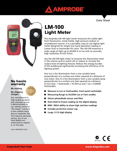 Amprobe LM-100 Light Meter Data Sheet - cover page