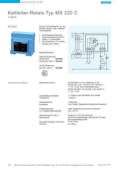 ZIEHL MS 220 C Thermistor Relay Technical Data - cover page