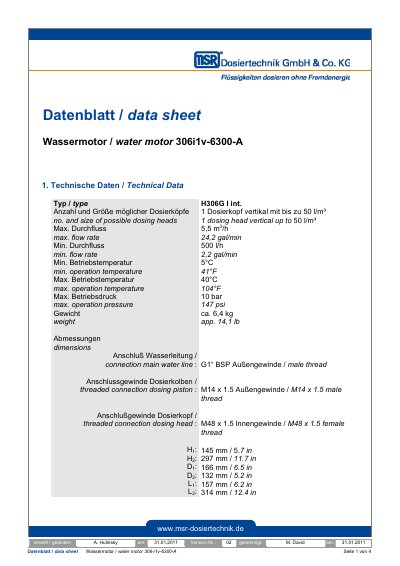MSR 306i1v-6300-A Water Motor Datasheet - cover page