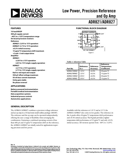 Analog Devices ADR821/ADR827 Low Power Precision Reference and Op Amp Datasheet