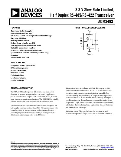 Analog Devices ADM3493 Low Power Half Duplex RS-485/RS-422 Transceiver Datasheet - cover page