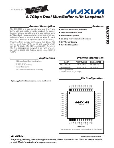 Maxim MAX3783 2.7Gbps Dual Mux/Buffer with Loopback Handbook - cover page