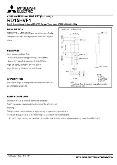 Mitsubishi Electric RD15HVF1 Silicon RF Power MOSFET Datasheet - cover page