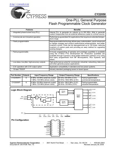 Cypress CY22050 One-PLL General Purpose Flash-Programmable Clock Generator Datasheet - cover page